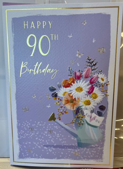 Card - Happy 90th Birthday - Bunch of Flowers in Watering Can