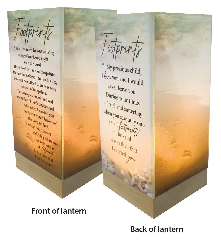 Footprints Glass Lantern with Micro Lights on Wood Base