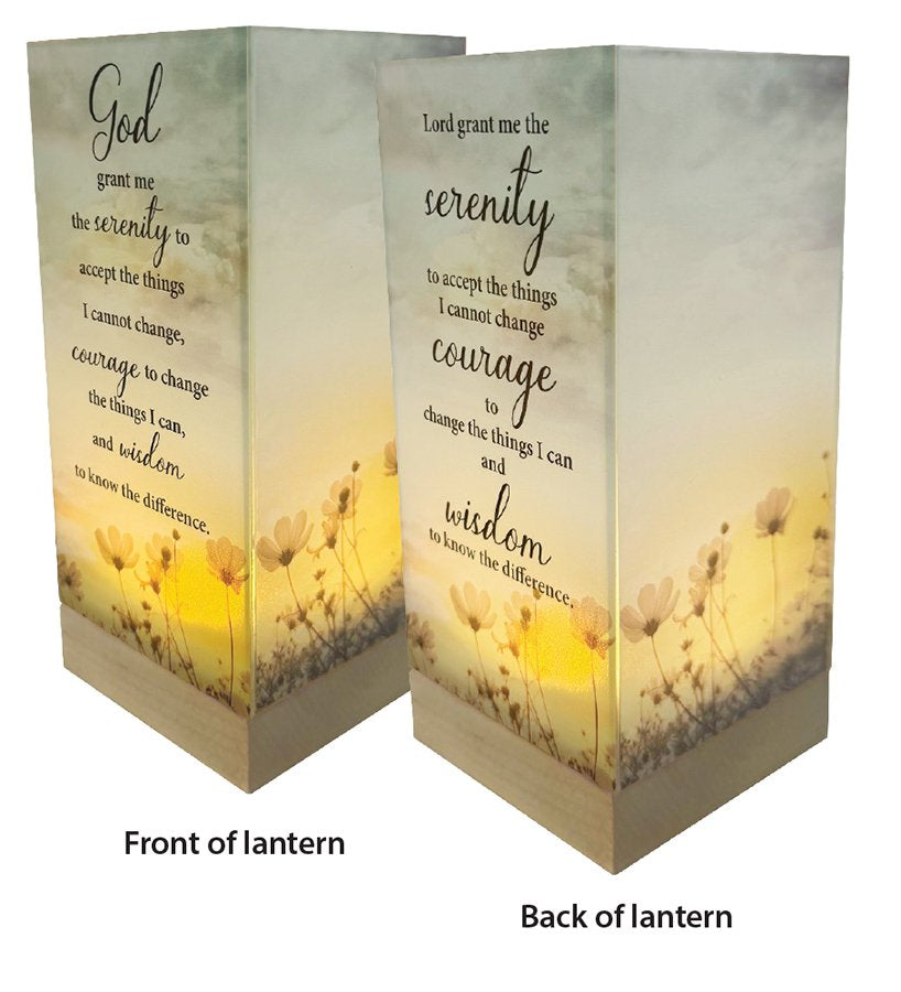 Serenity Prayer Glass Lantern with Micro Lights on Wood Base
