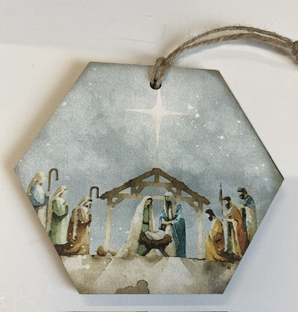Watercolour Nativity Scene 6 sided hanging Plaque