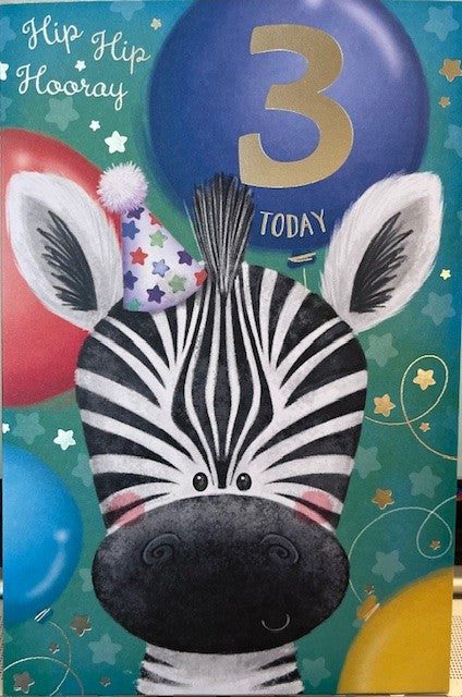 Hip Hip Hooray 3 Today -  Birthday Card