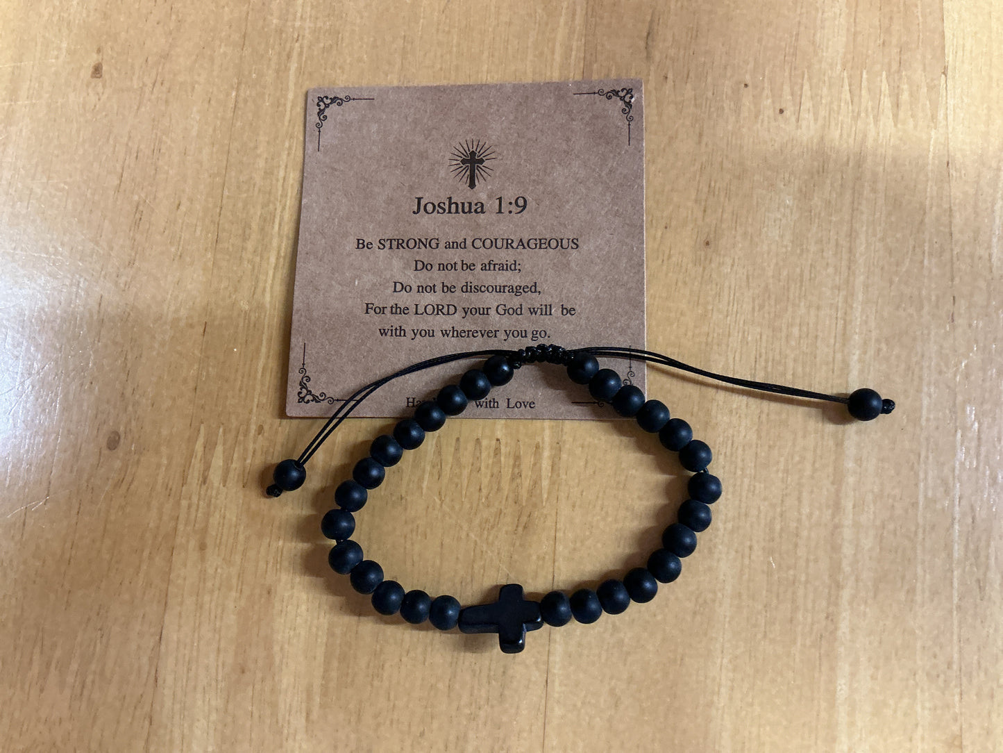 Bracelet - black beads and small cross