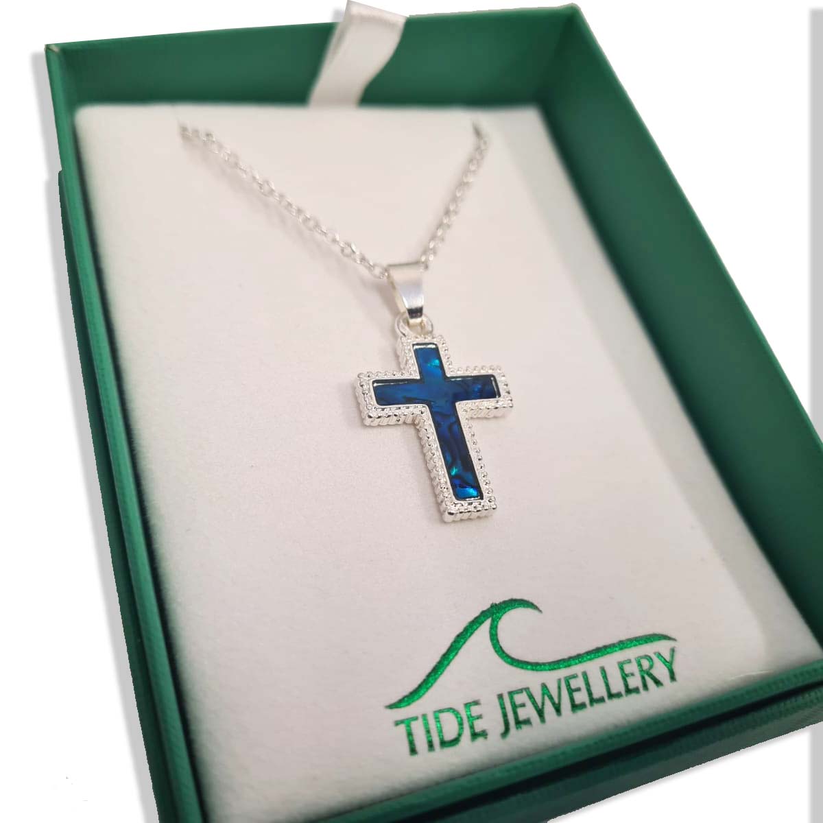 Cross Necklace Inlaid Paua Shell Blue