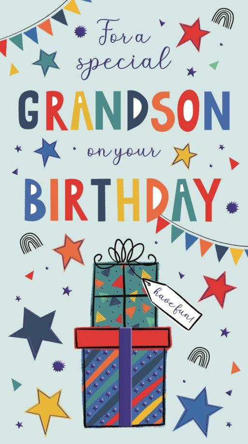 Happy Birthday Grandson Card - Presents, stars and bunting