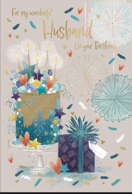 Happy Birthday Husband Card - Present, Cake and Candles