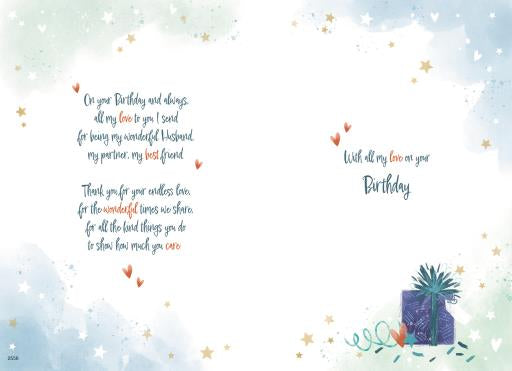 Happy Birthday Husband Card - Present, Cake and Candles