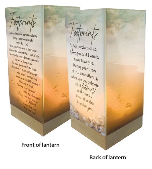 Footprints Glass Lantern with Micro Lights on Wood Base