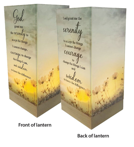 Serenity Prayer Glass Lantern with Micro Lights on Wood Base