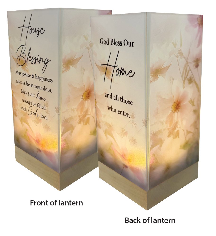 House Blessing Glass Lantern with Micro Lights on Wood Base