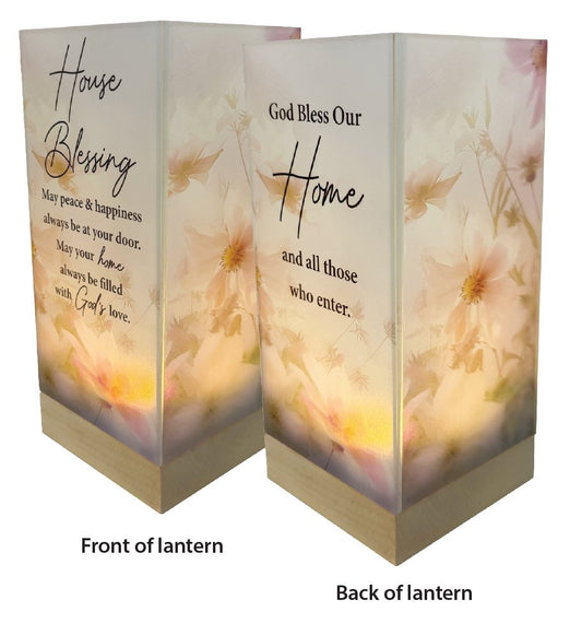 House Blessing Glass Lantern with Micro Lights on Wood Base