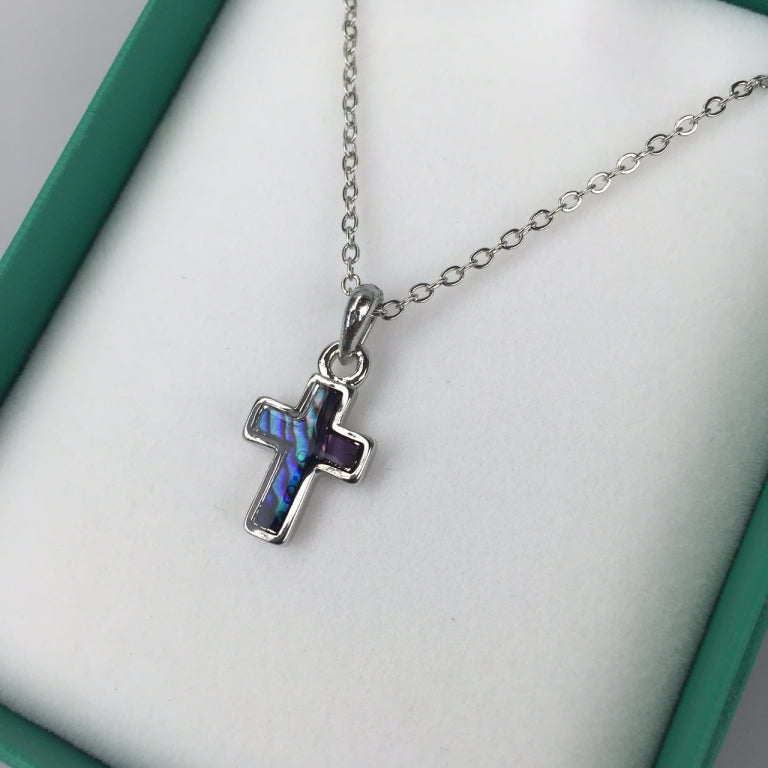 Cross Necklace Inlaid Paua Shell - Purple