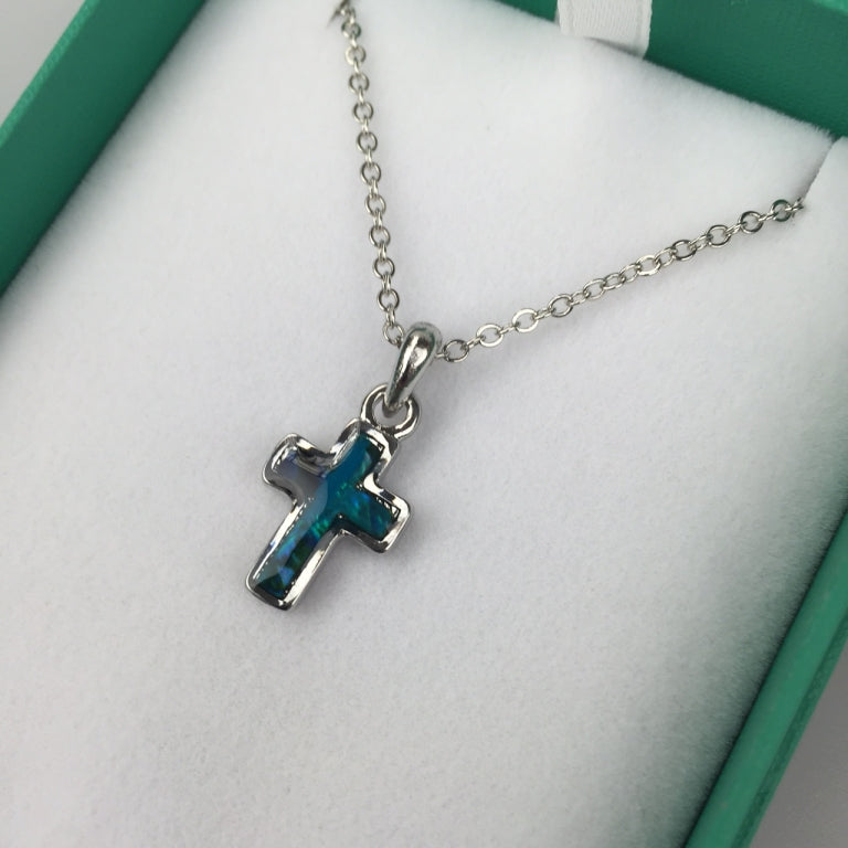 Cross Necklace Inlaid Paua Shell Blue