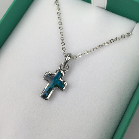 Cross Necklace Inlaid Paua Shell Blue