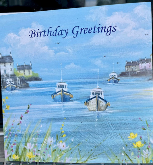 Birthday Card - Fishing Boats in Harbour